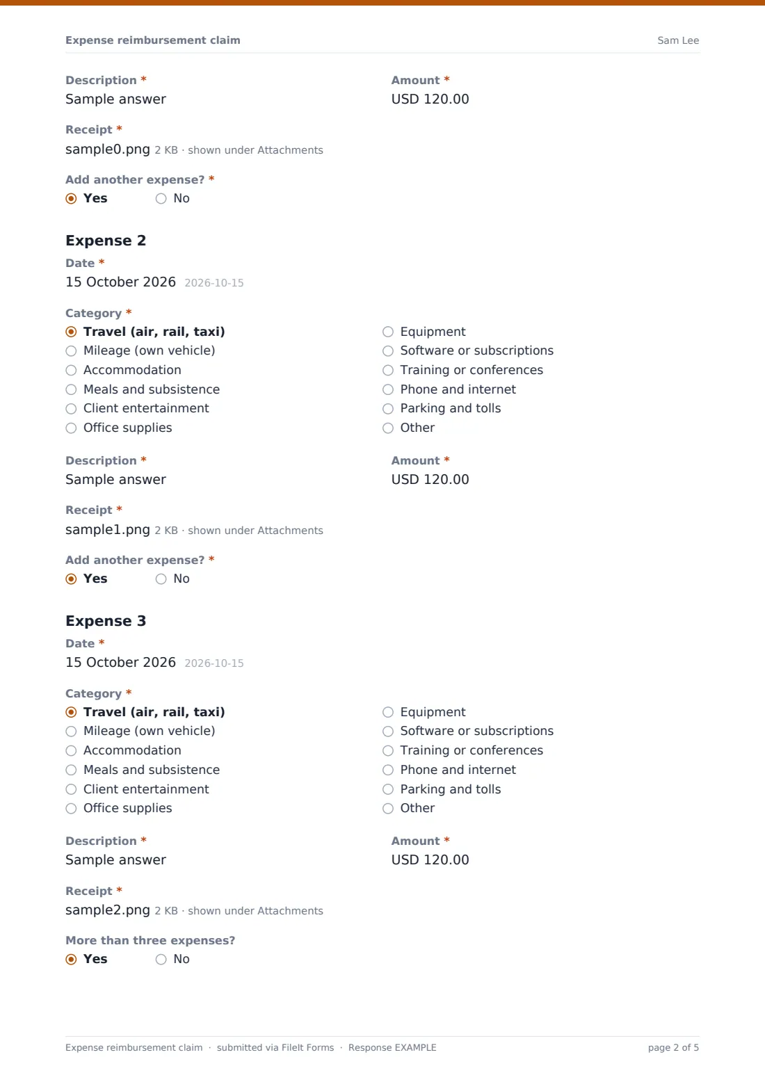 Expense reimbursement claim — example response PDF, page 2 of 5