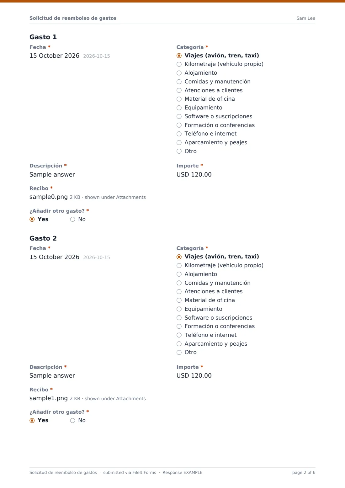 Solicitud de reembolso de gastos — PDF de respuesta de ejemplo, página 2 de 6