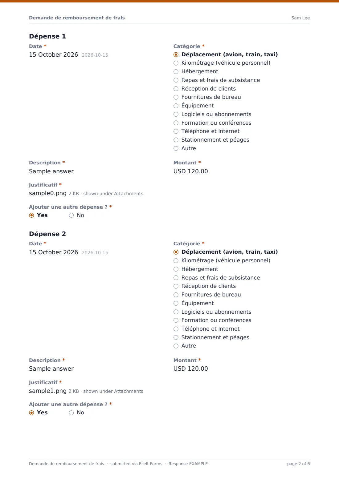 Demande de remboursement de frais — exemple de réponse au format PDF, page 2 sur 6