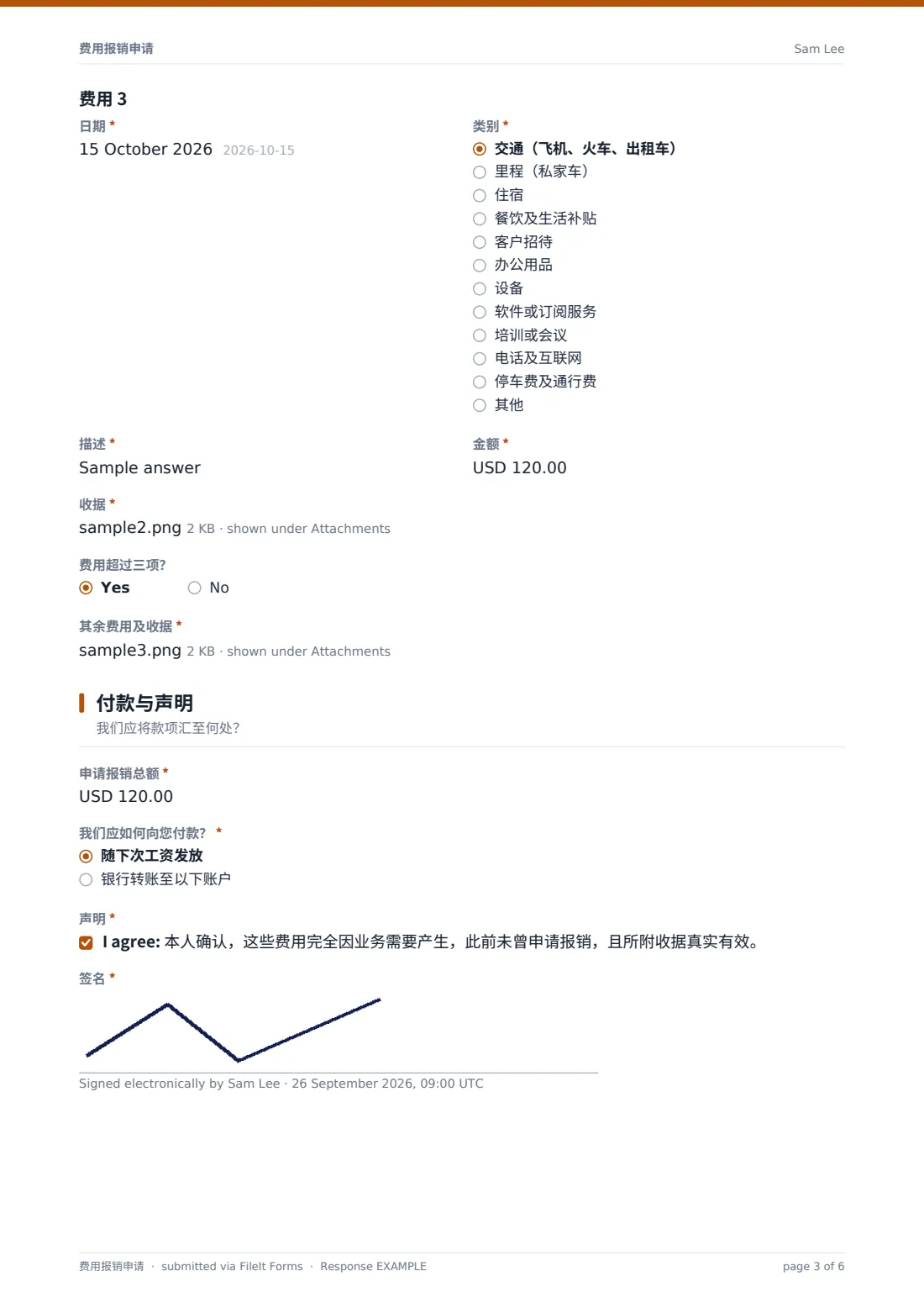 费用报销申请 — 示例回复 PDF，第 3 页，共 6 页