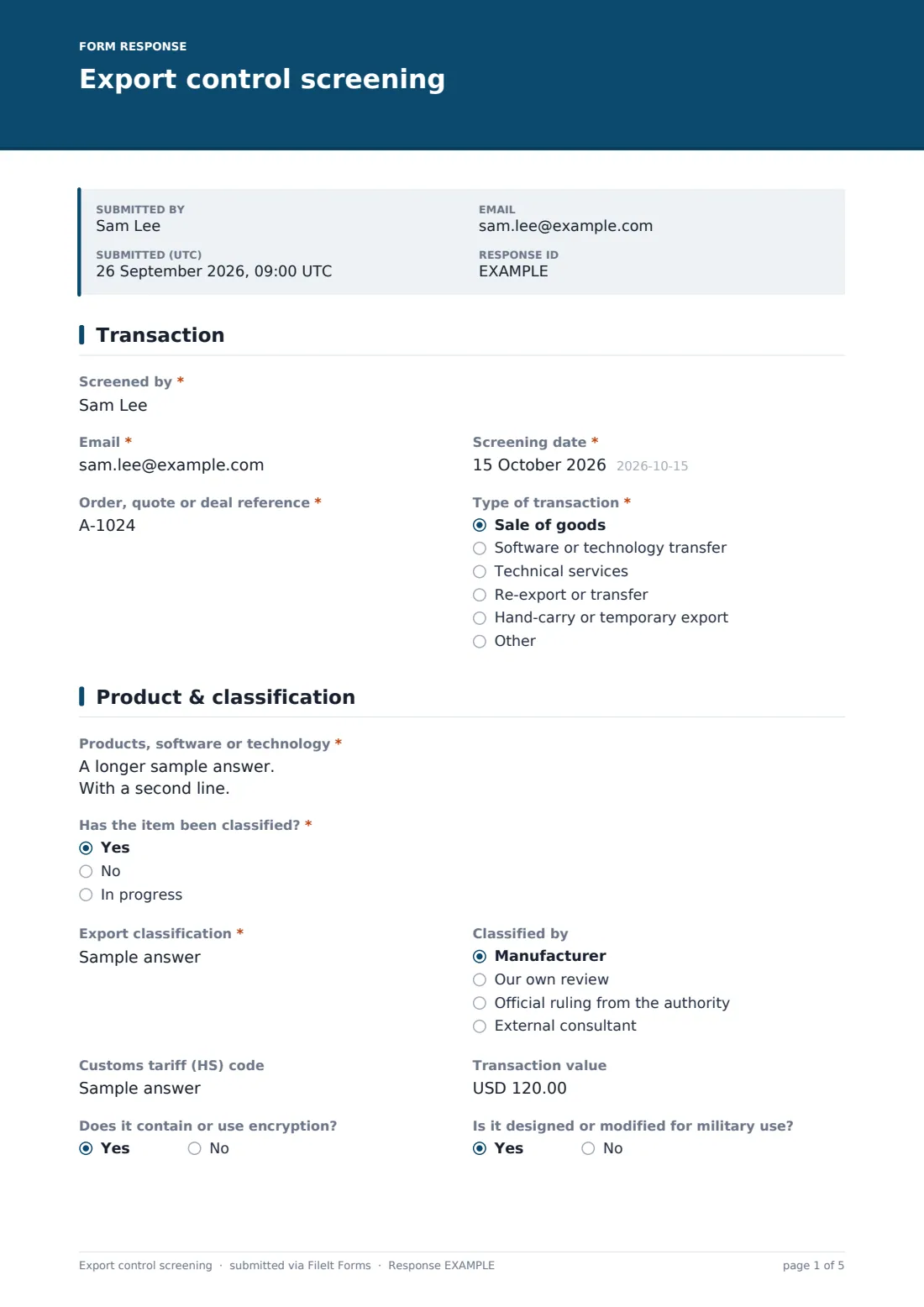 Export control screening — example response PDF, page 1 of 5