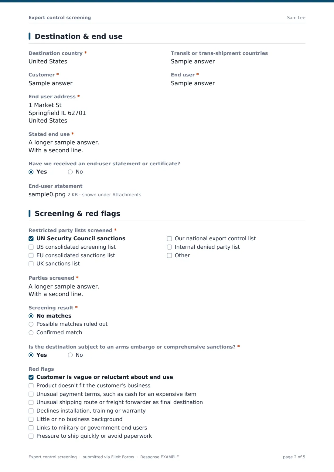 Export control screening — example response PDF, page 2 of 5