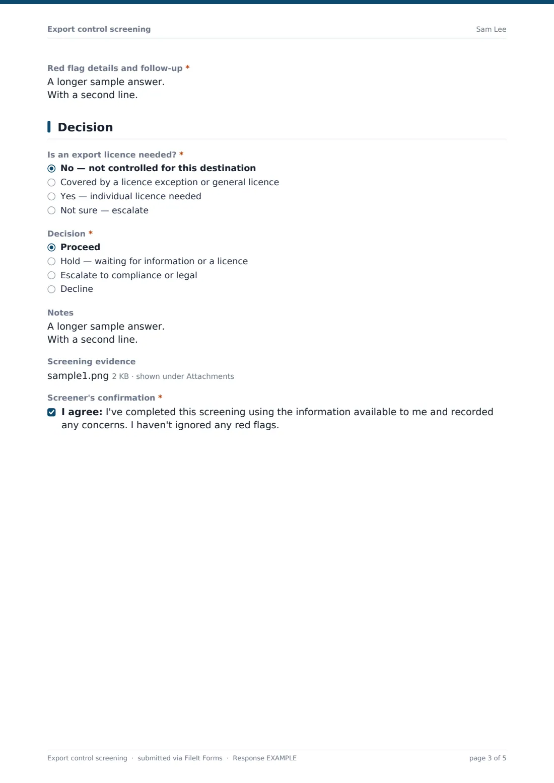 Export control screening — example response PDF, page 3 of 5