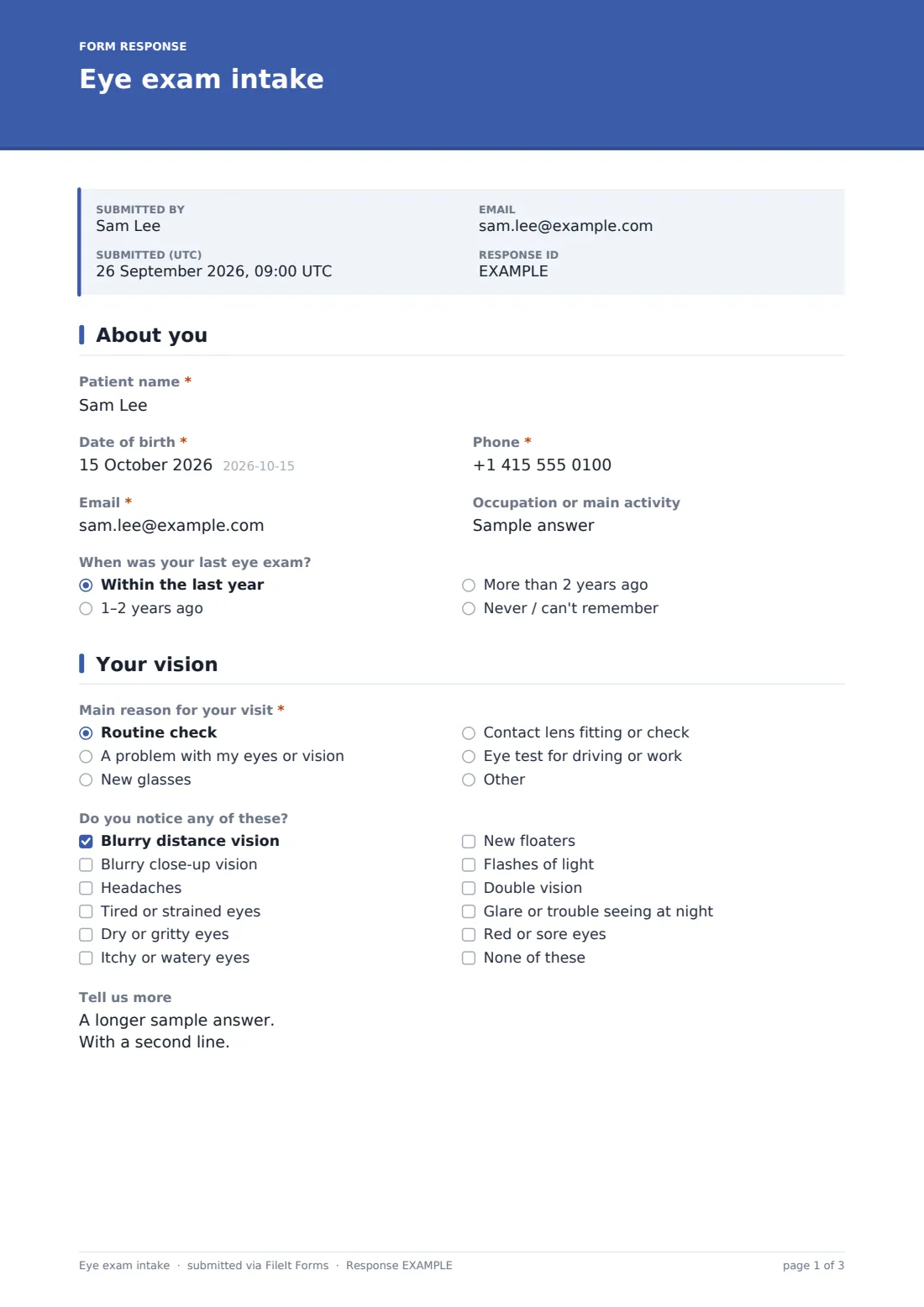 Eye exam intake — example response PDF, page 1 of 3