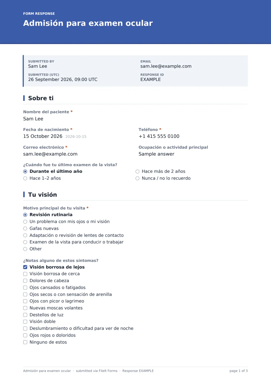 Admisión para examen ocular — PDF de respuesta de ejemplo, página 1 de 3