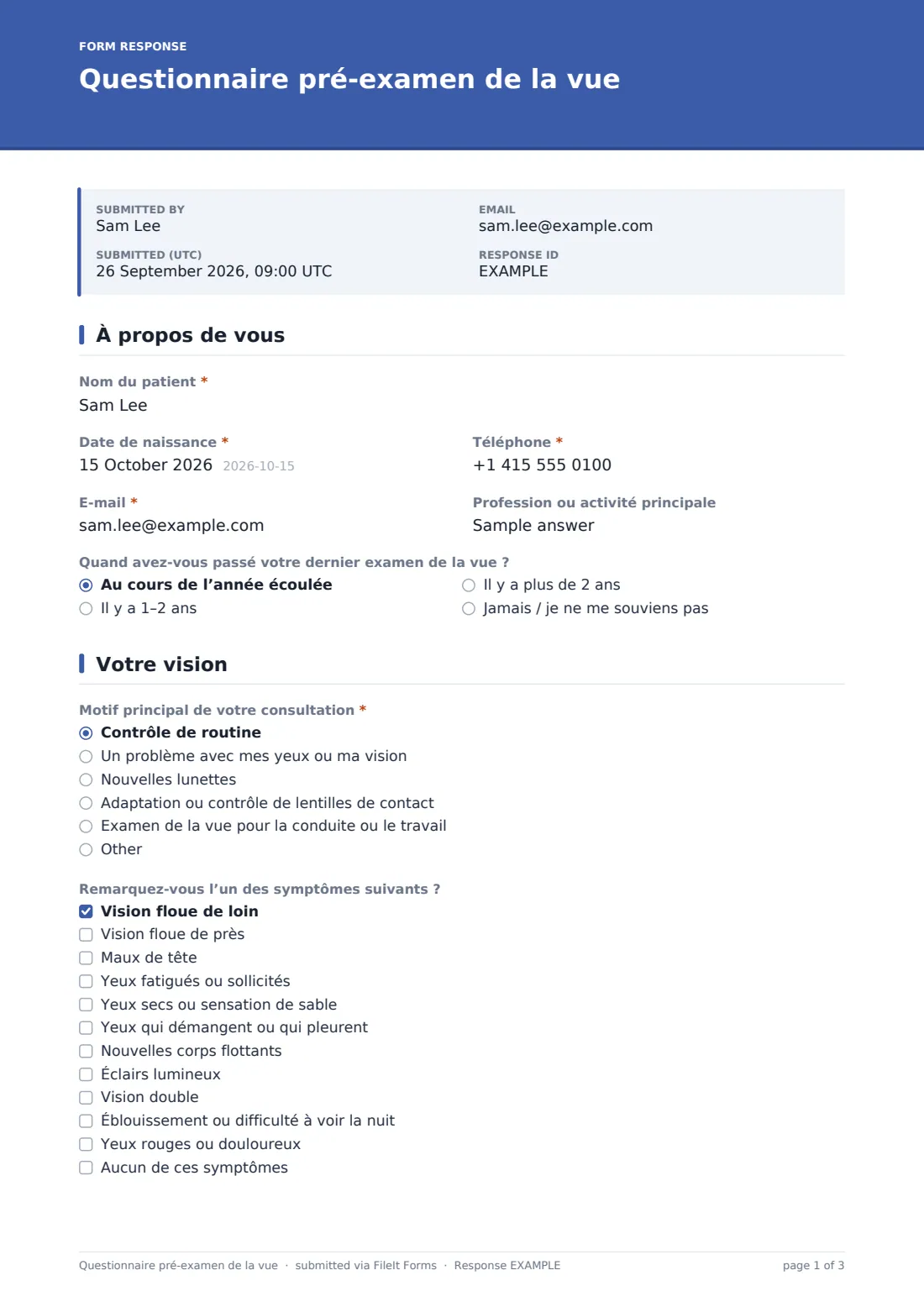 Questionnaire pré-examen de la vue — exemple de réponse au format PDF, page 1 sur 3