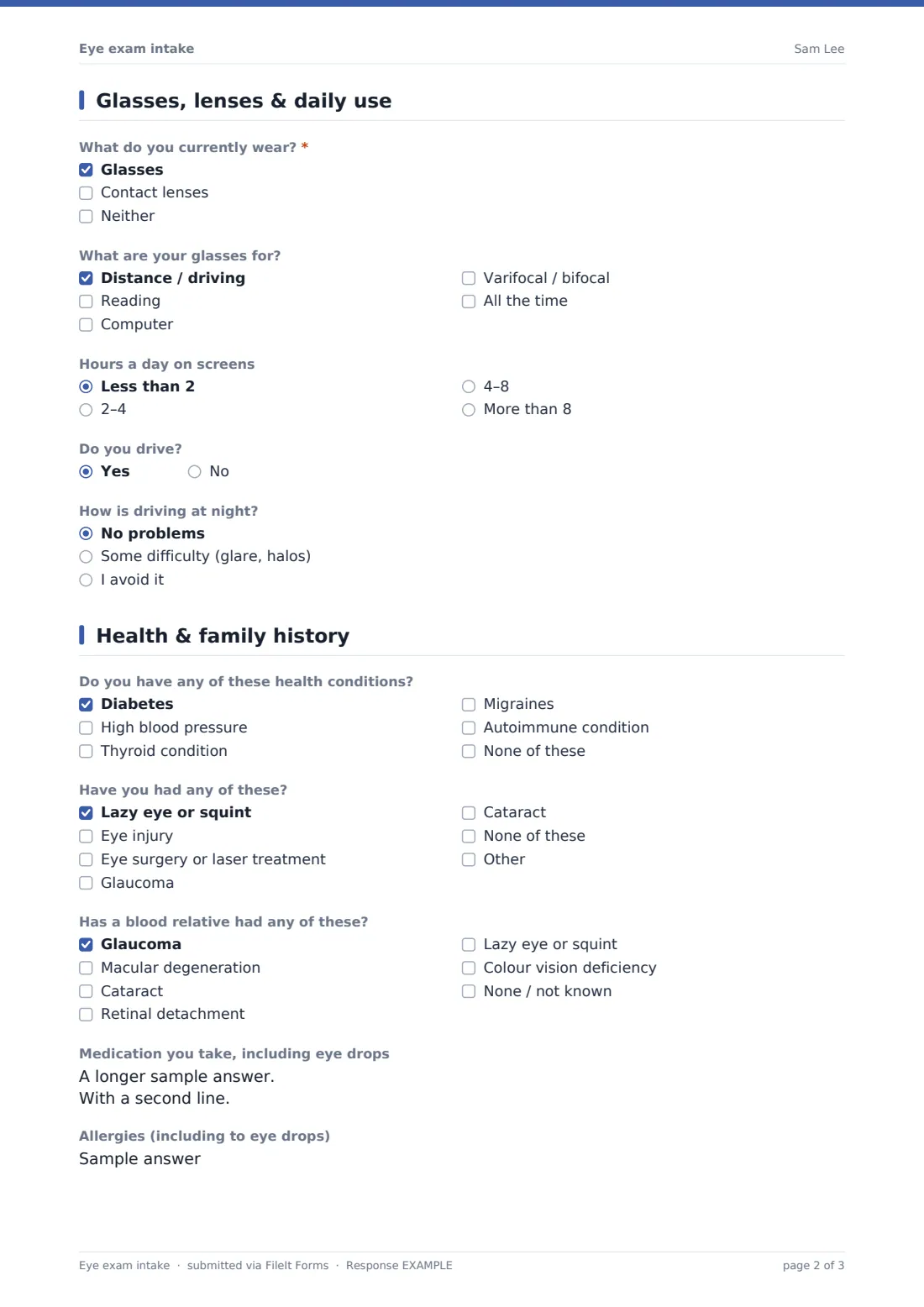 Eye exam intake — example response PDF, page 2 of 3