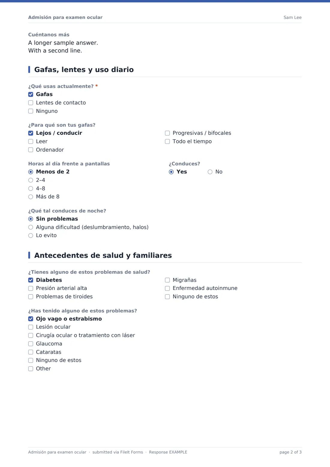 Admisión para examen ocular — PDF de respuesta de ejemplo, página 2 de 3