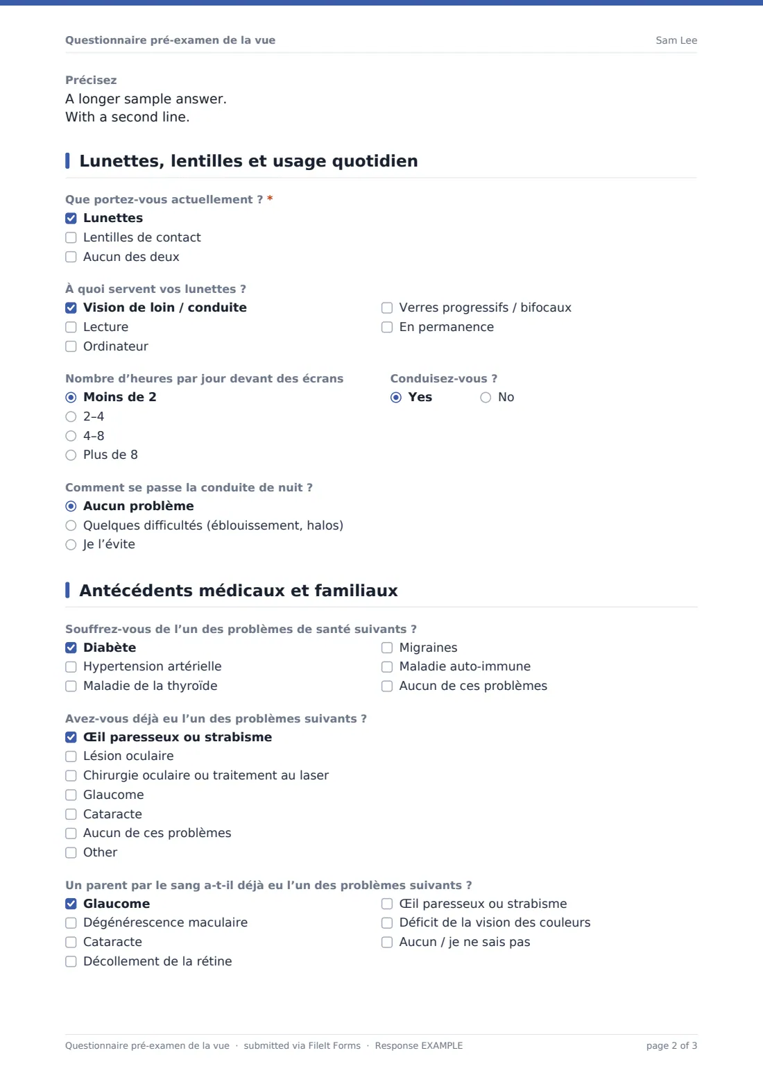 Questionnaire pré-examen de la vue — exemple de réponse au format PDF, page 2 sur 3