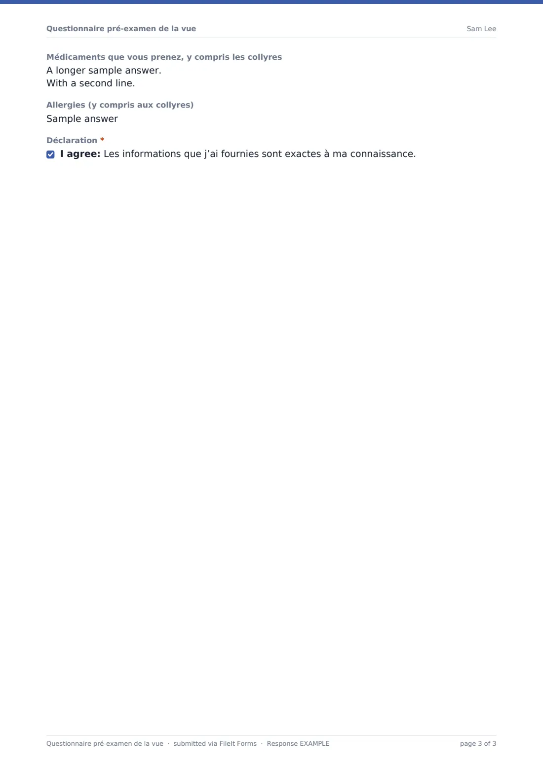 Questionnaire pré-examen de la vue — exemple de réponse au format PDF, page 3 sur 3