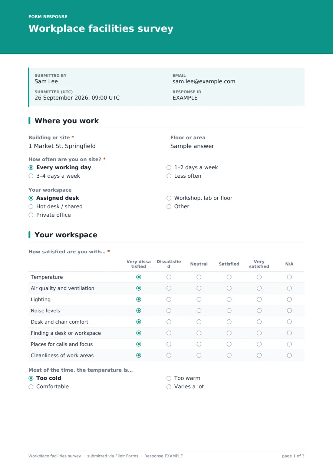 Workplace facilities survey — example response PDF, page 1 of 3