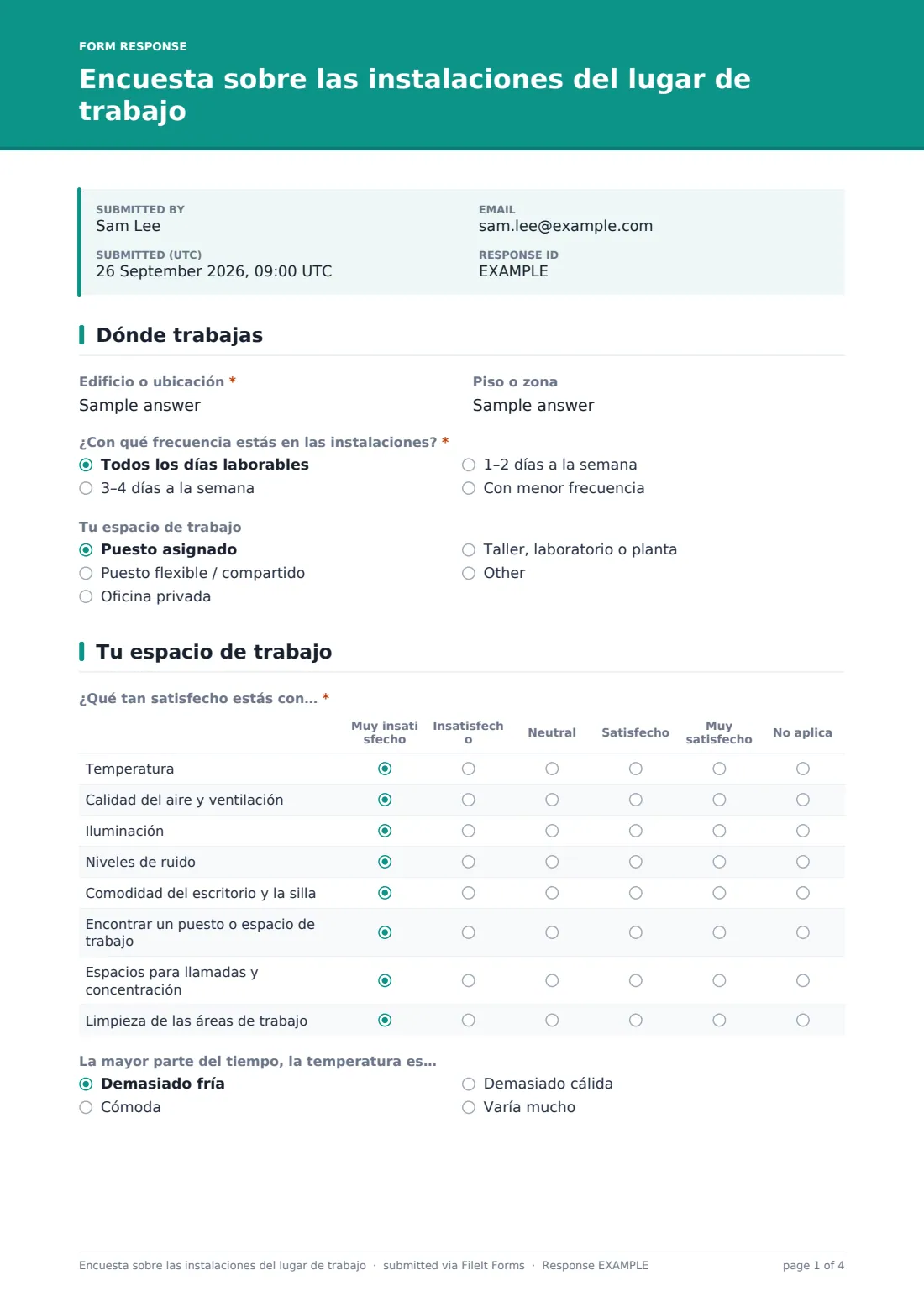 Encuesta sobre las instalaciones del lugar de trabajo — PDF de respuesta de ejemplo, página 1 de 4
