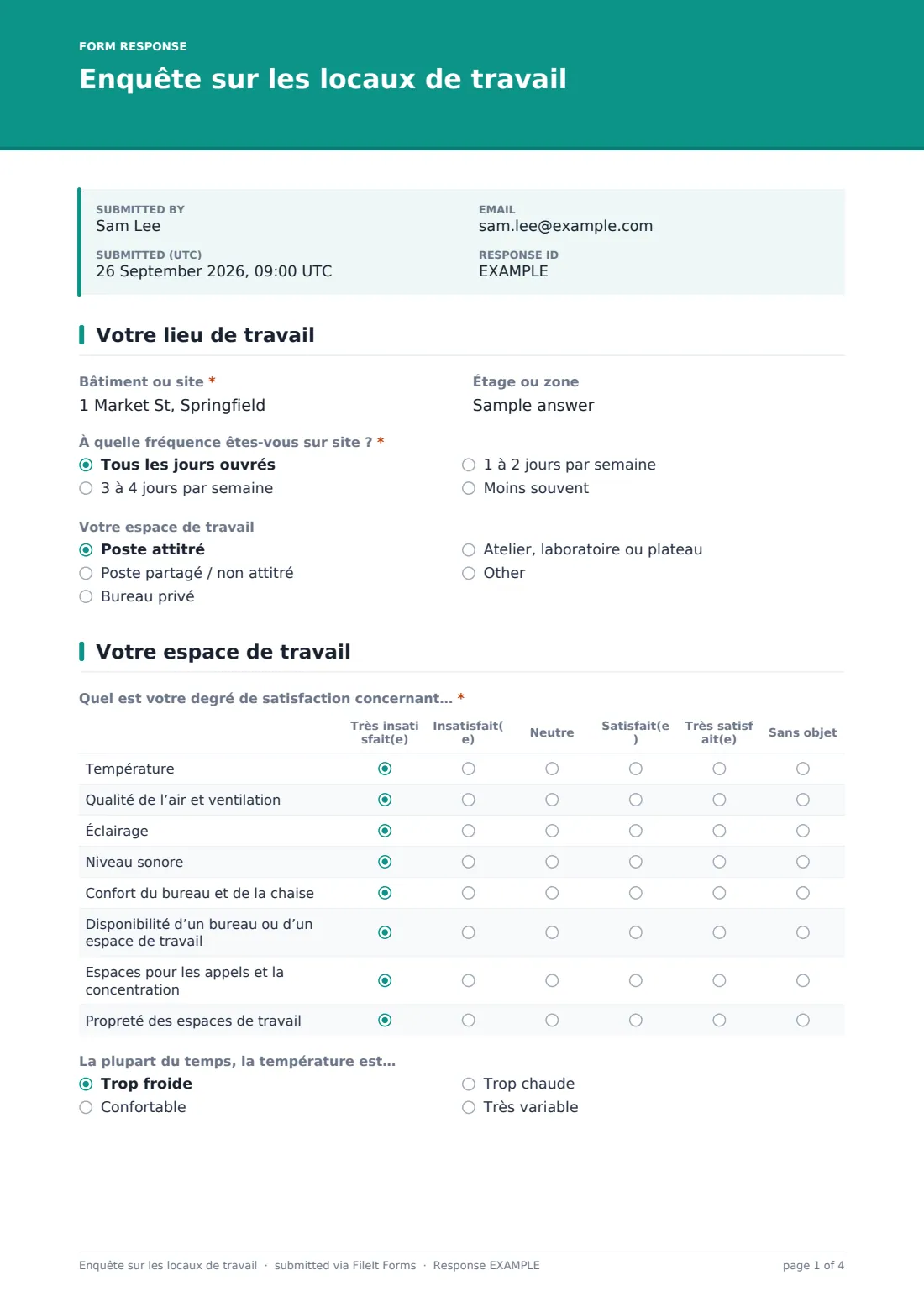 Enquête sur les locaux de travail — exemple de réponse au format PDF, page 1 sur 4