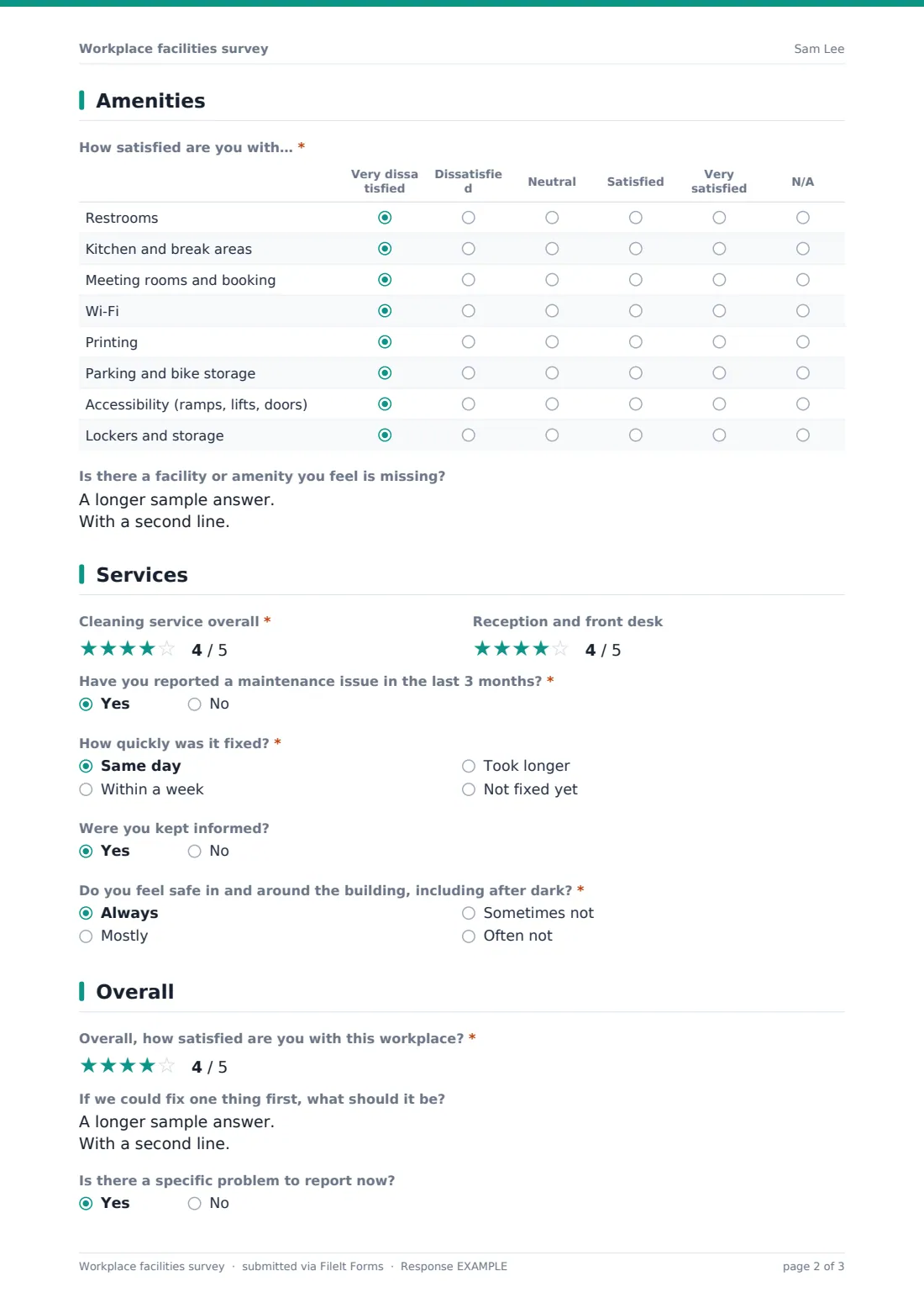 Workplace facilities survey — example response PDF, page 2 of 3