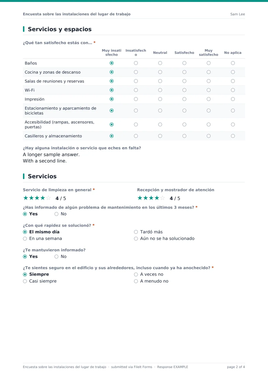 Encuesta sobre las instalaciones del lugar de trabajo — PDF de respuesta de ejemplo, página 2 de 4