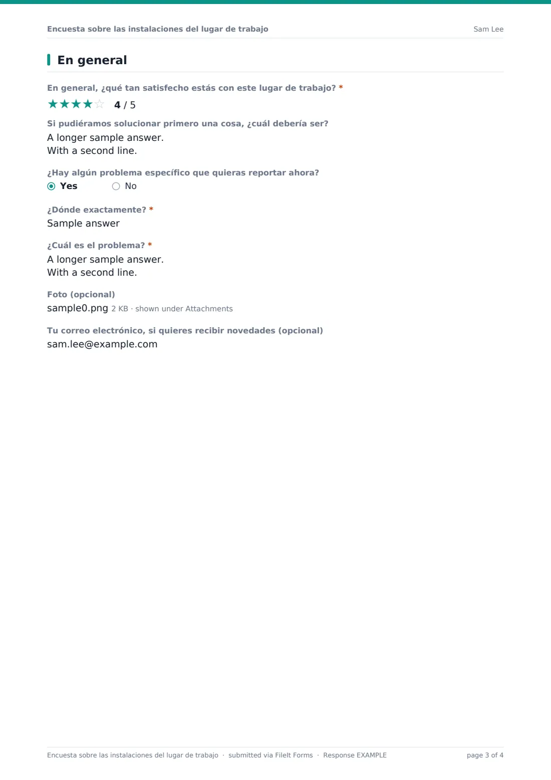Encuesta sobre las instalaciones del lugar de trabajo — PDF de respuesta de ejemplo, página 3 de 4