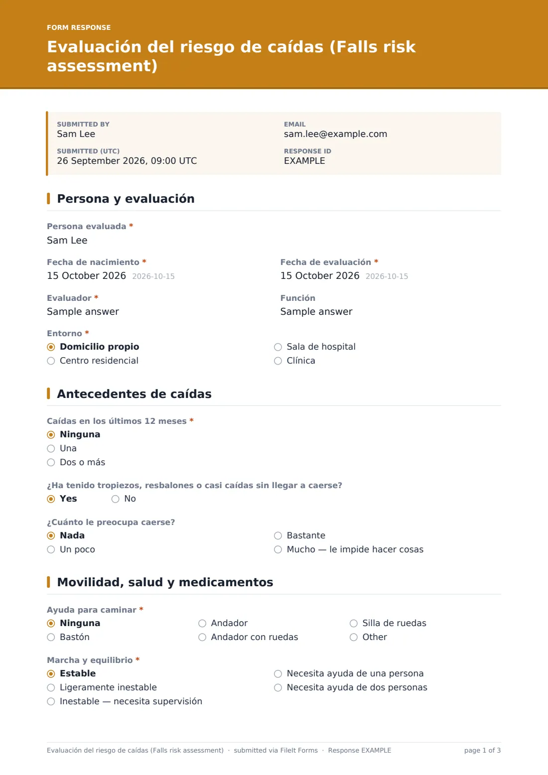 Evaluación del riesgo de caídas (Falls risk assessment) — PDF de respuesta de ejemplo, página 1 de 3