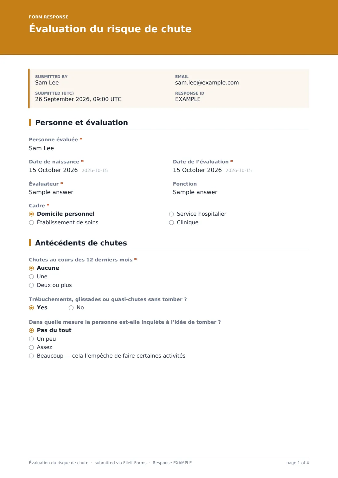 Évaluation du risque de chute — exemple de réponse au format PDF, page 1 sur 4