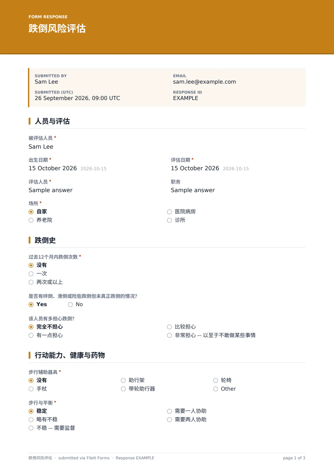 跌倒风险评估 — 示例回复 PDF，第 1 页，共 3 页