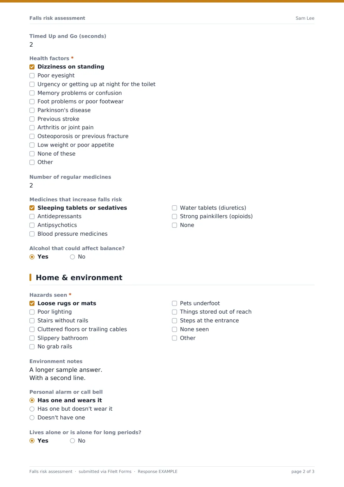 Falls risk assessment — example response PDF, page 2 of 3