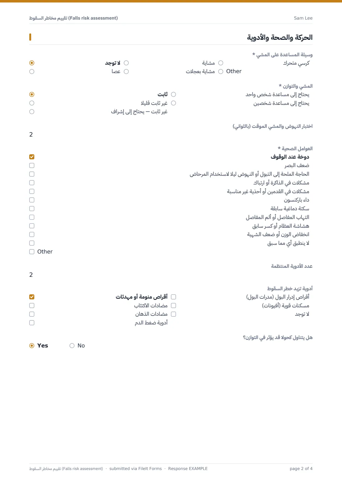 تقييم مخاطر السقوط (Falls risk assessment) — ملف PDF لرد نموذجي، الصفحة 2 من 4