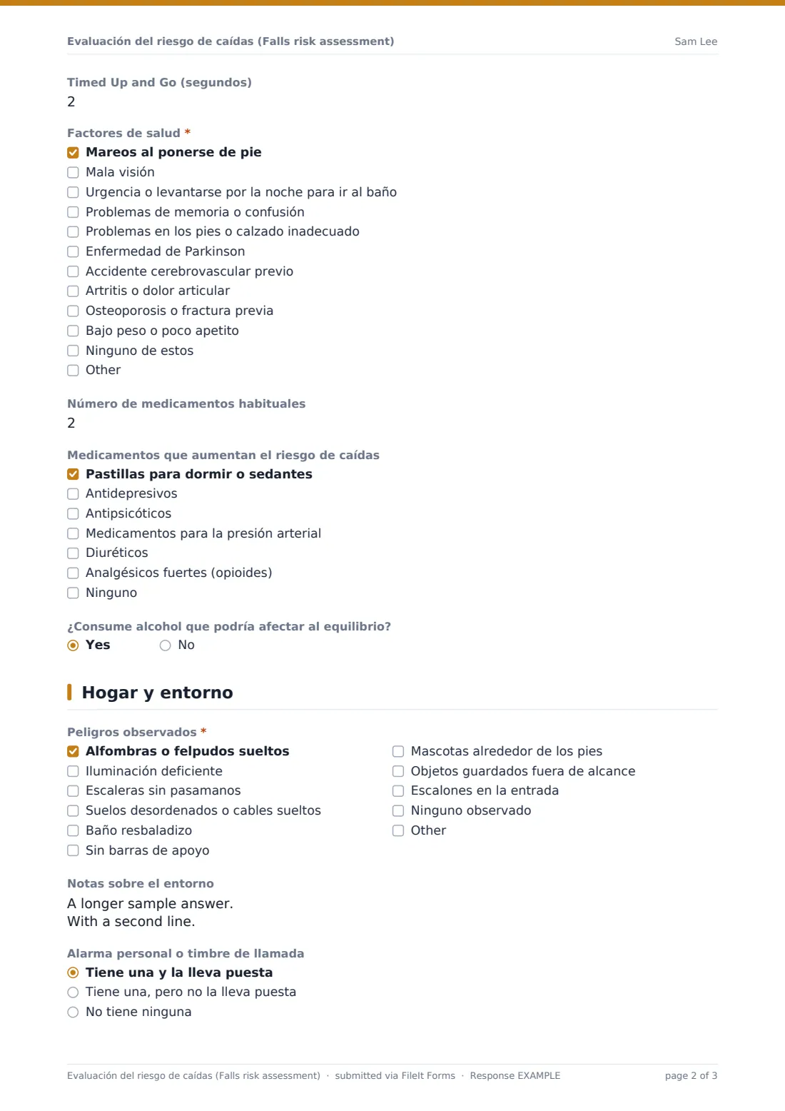 Evaluación del riesgo de caídas (Falls risk assessment) — PDF de respuesta de ejemplo, página 2 de 3