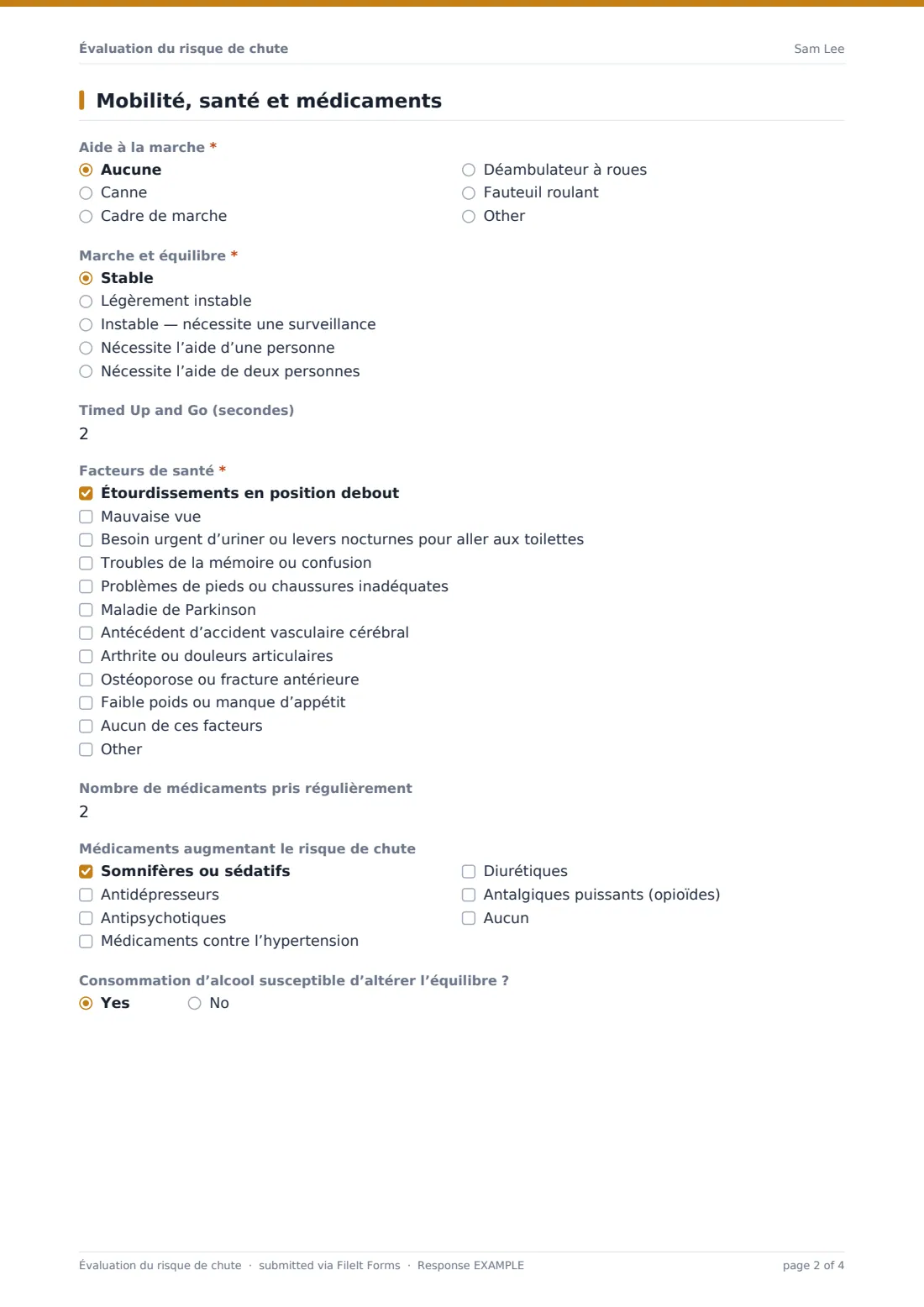 Évaluation du risque de chute — exemple de réponse au format PDF, page 2 sur 4