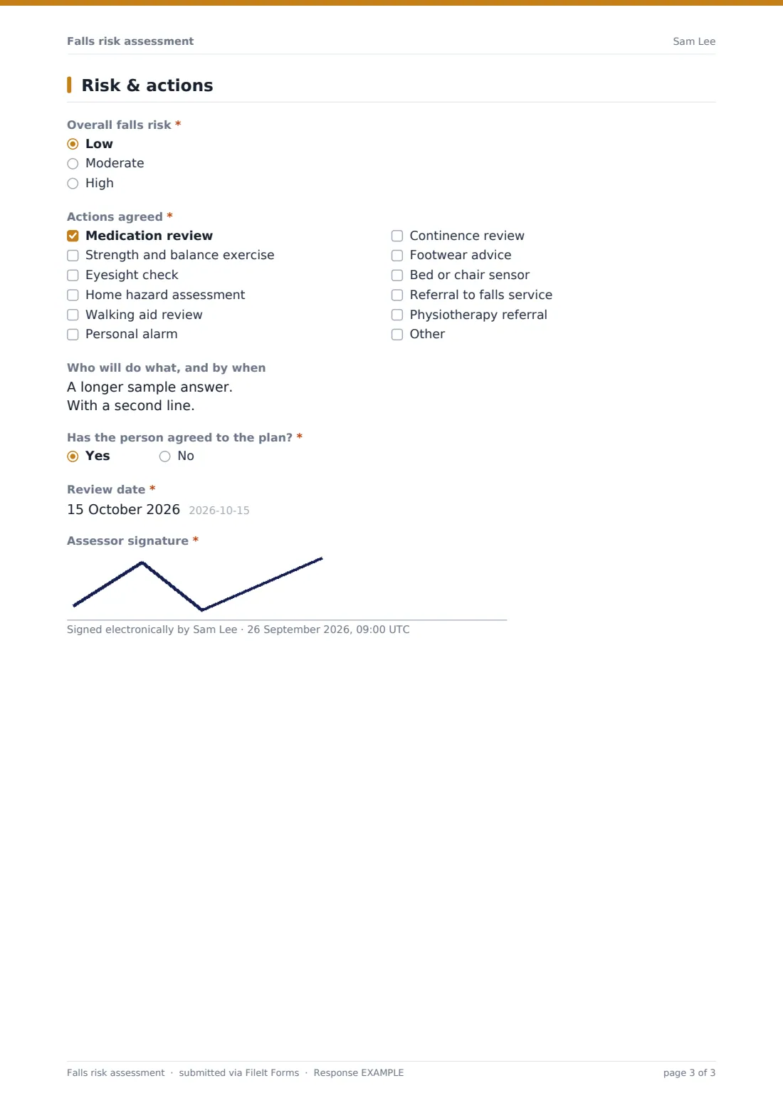 Falls risk assessment — example response PDF, page 3 of 3