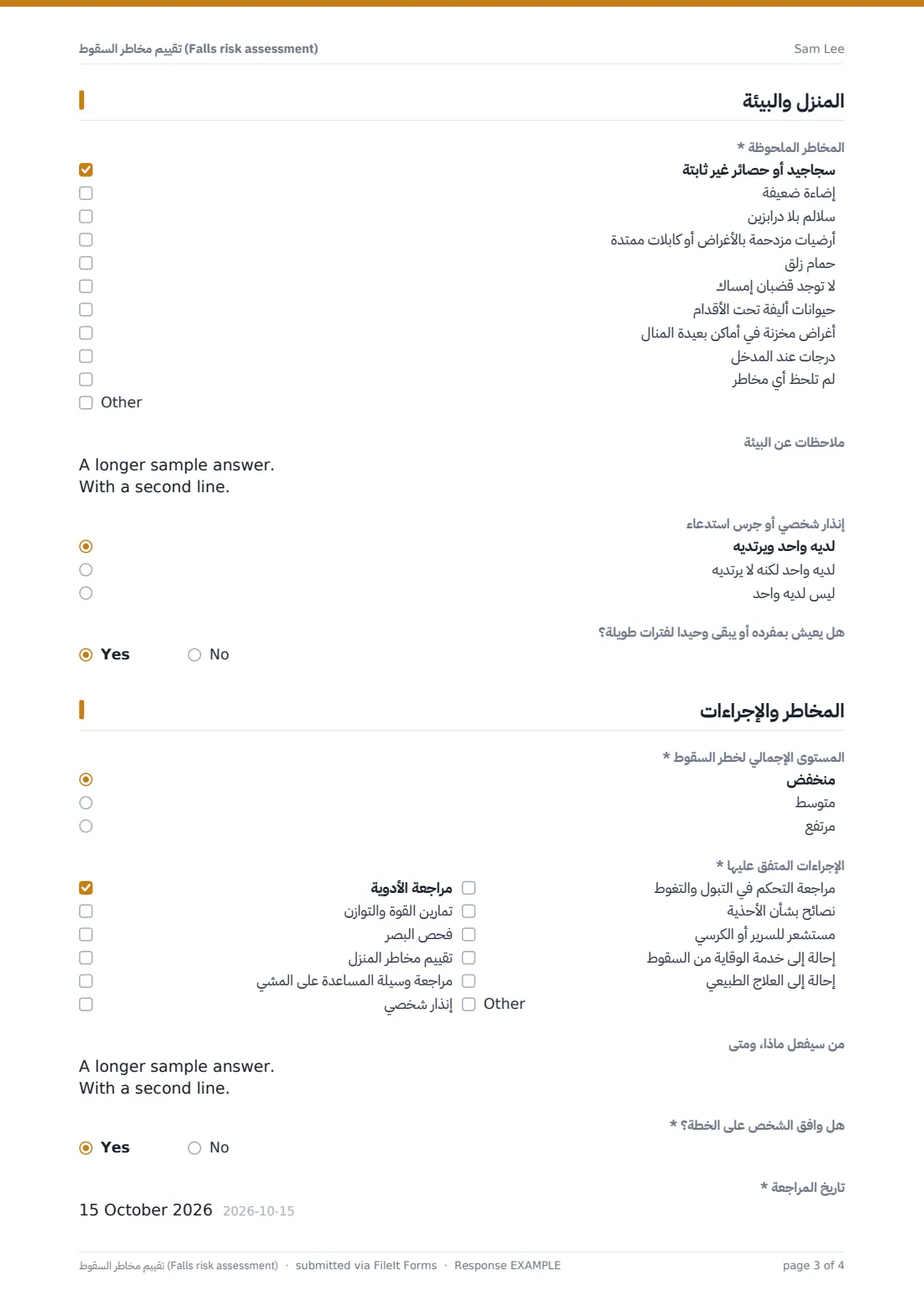 تقييم مخاطر السقوط (Falls risk assessment) — ملف PDF لرد نموذجي، الصفحة 3 من 4