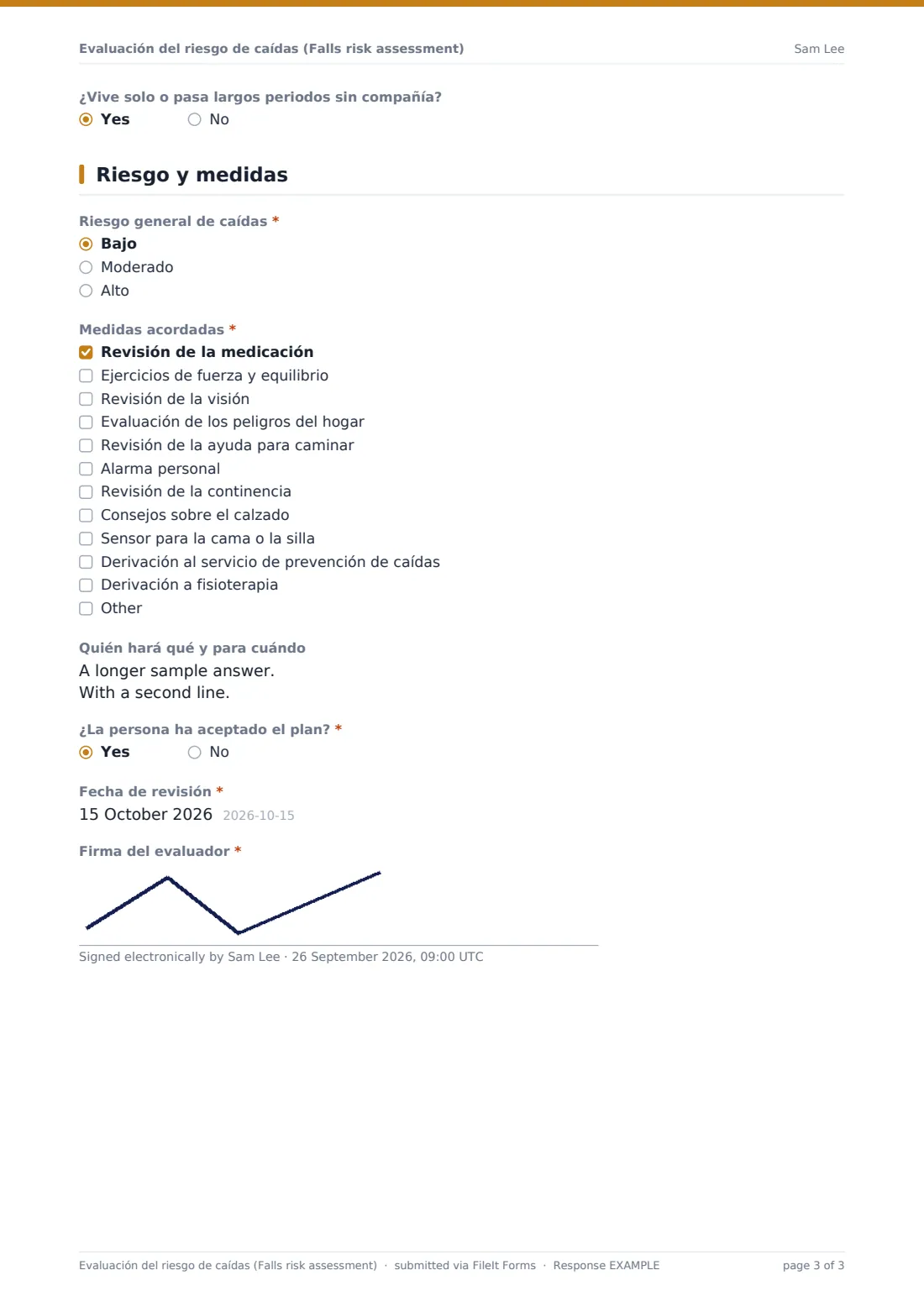 Evaluación del riesgo de caídas (Falls risk assessment) — PDF de respuesta de ejemplo, página 3 de 3