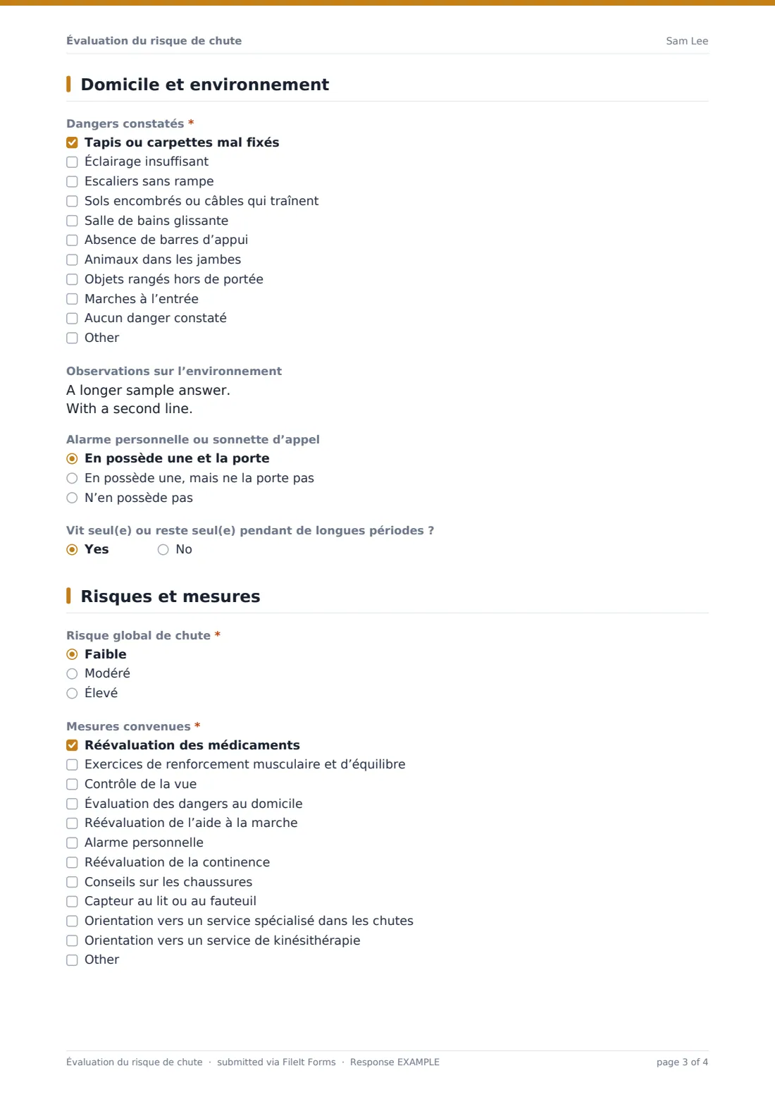 Évaluation du risque de chute — exemple de réponse au format PDF, page 3 sur 4