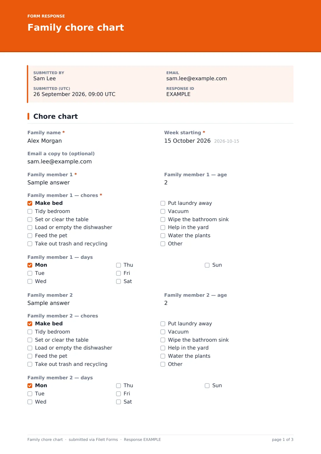 Family chore chart — example response PDF, page 1 of 3