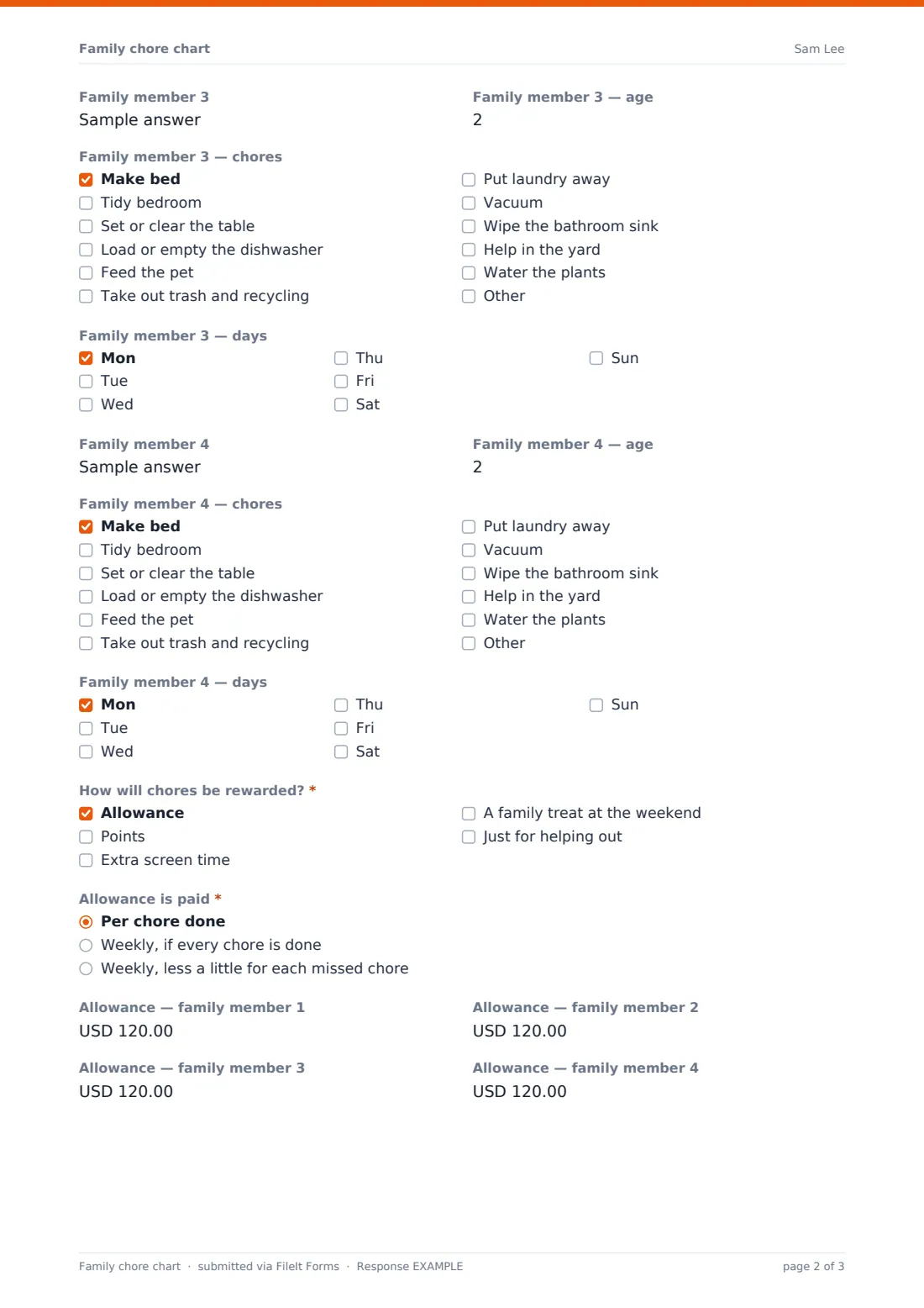 Family chore chart — example response PDF, page 2 of 3