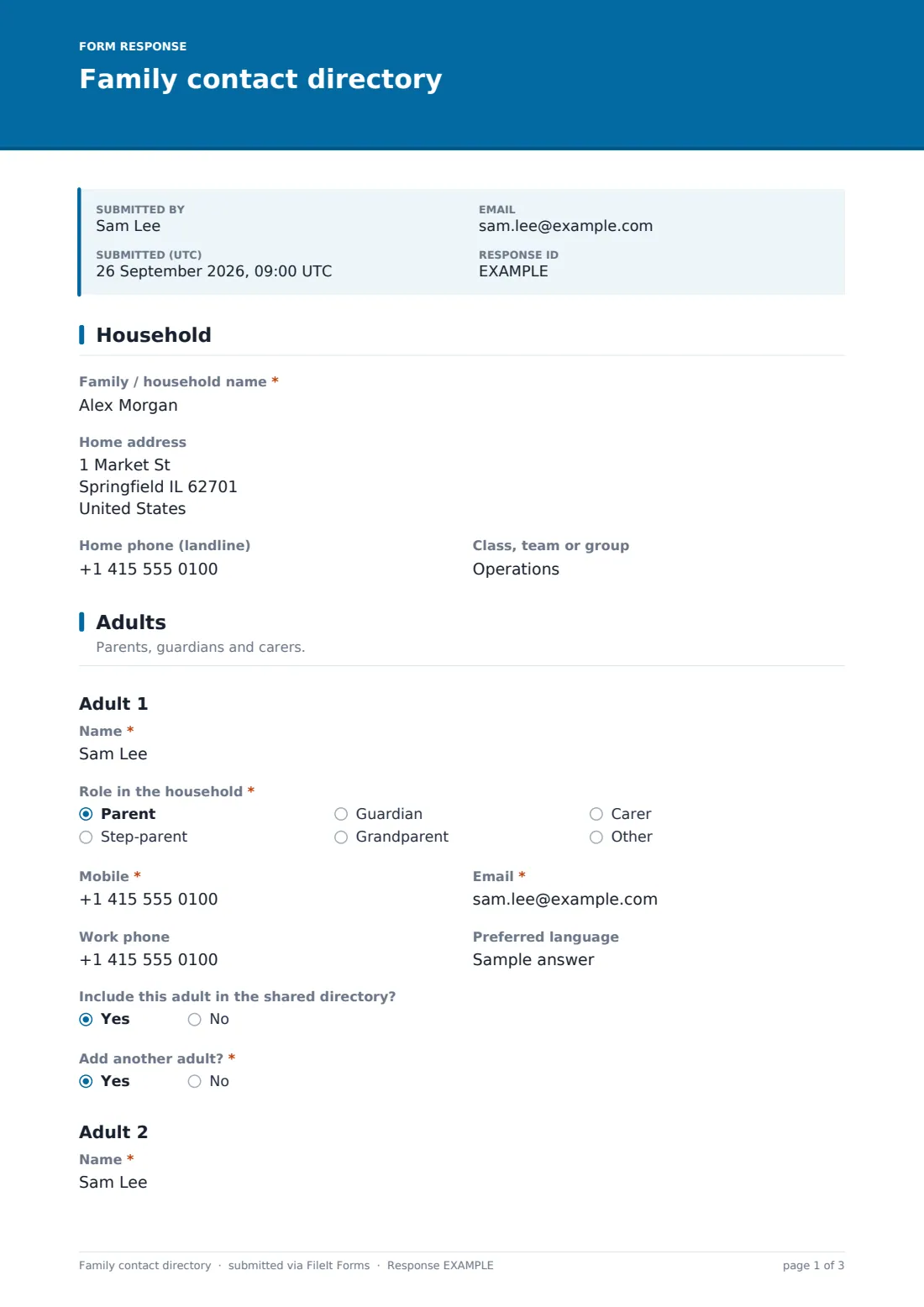 Family contact directory — example response PDF, page 1 of 3