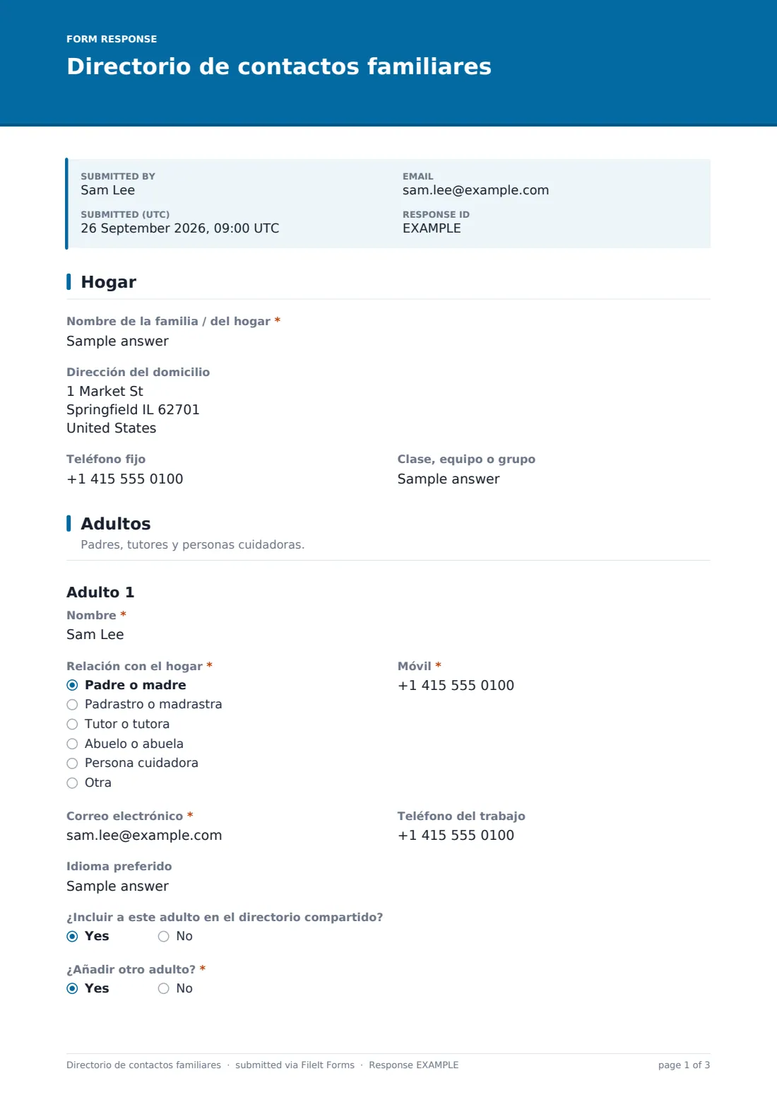 Directorio de contactos familiares — PDF de respuesta de ejemplo, página 1 de 3