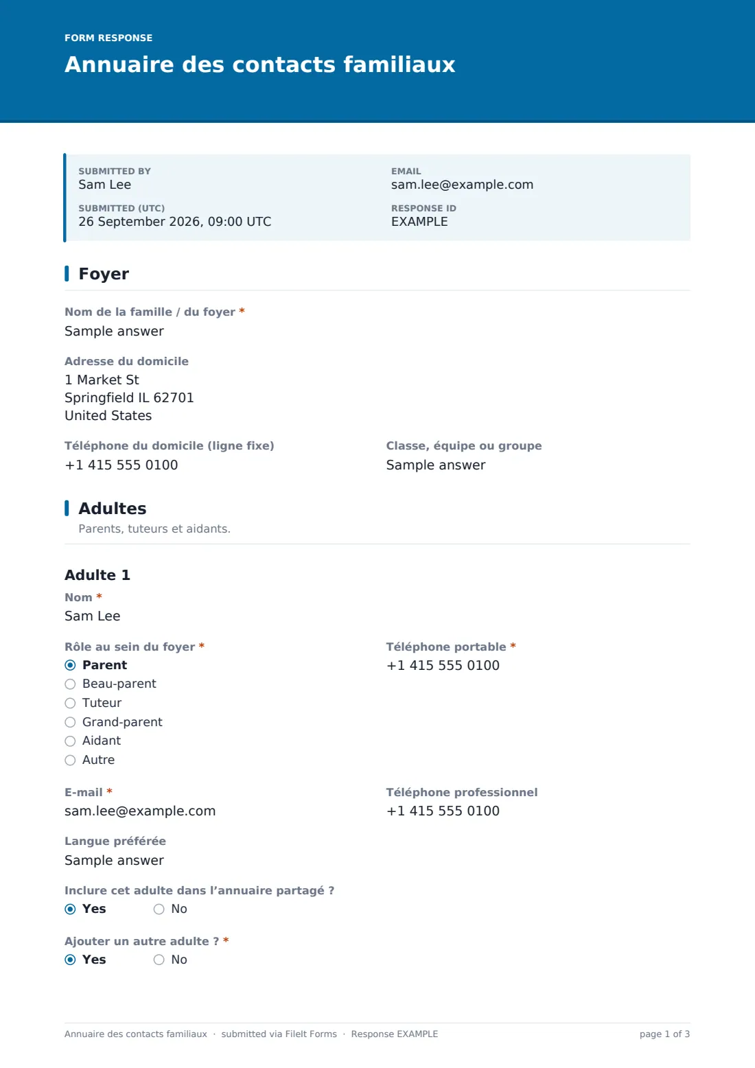 Annuaire des contacts familiaux — exemple de réponse au format PDF, page 1 sur 3