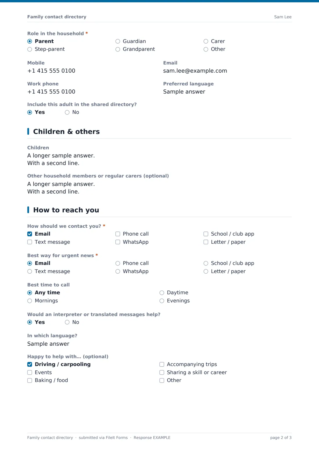 Family contact directory — example response PDF, page 2 of 3