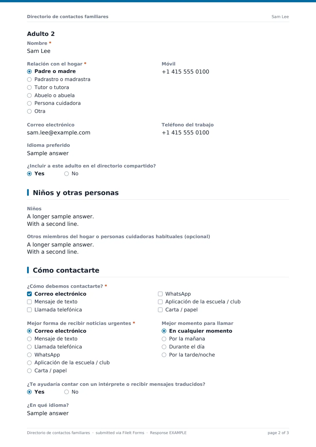 Directorio de contactos familiares — PDF de respuesta de ejemplo, página 2 de 3