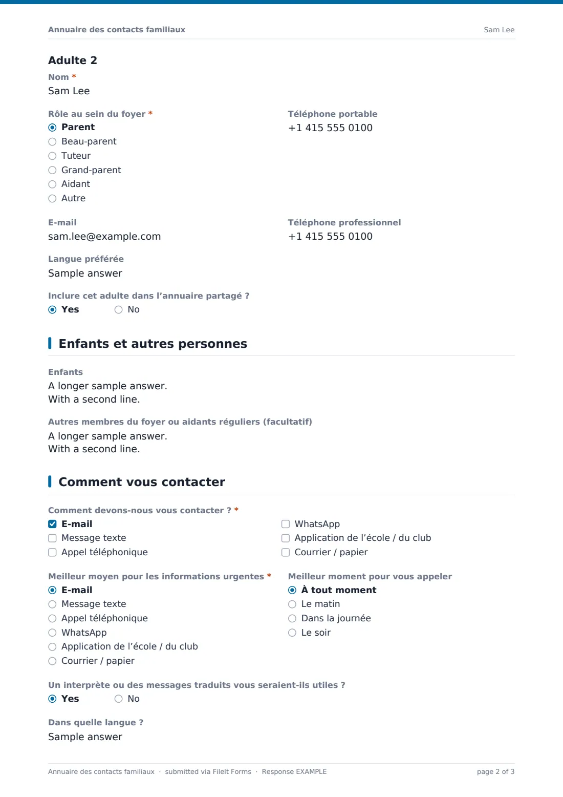 Annuaire des contacts familiaux — exemple de réponse au format PDF, page 2 sur 3