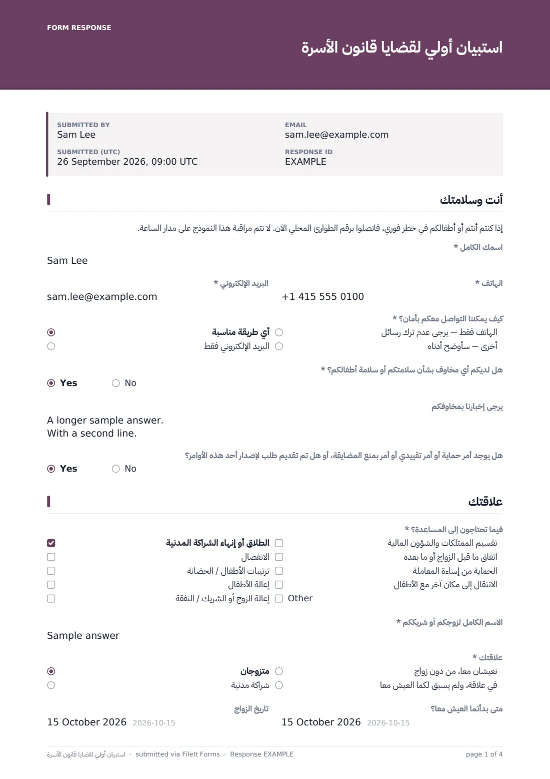 استبيان أولي لقضايا قانون الأسرة — ملف PDF لرد نموذجي، الصفحة 1 من 4