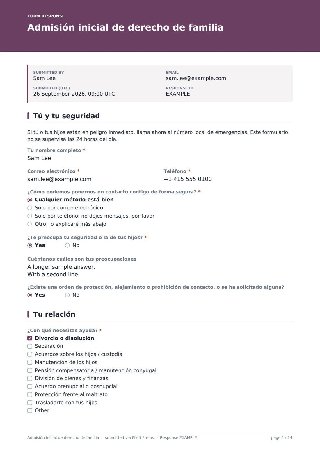 Admisión inicial de derecho de familia — PDF de respuesta de ejemplo, página 1 de 4