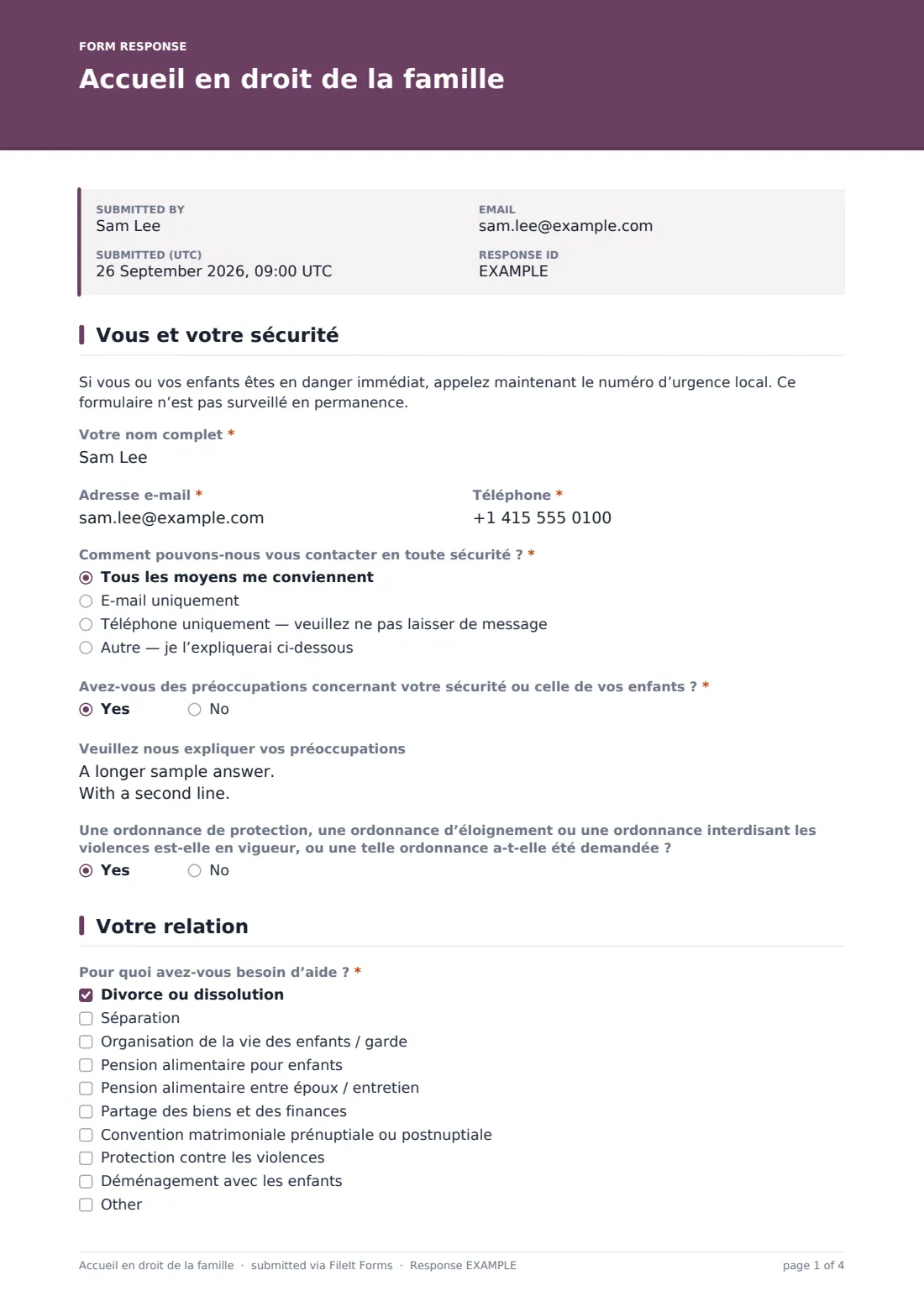 Accueil en droit de la famille — exemple de réponse au format PDF, page 1 sur 4