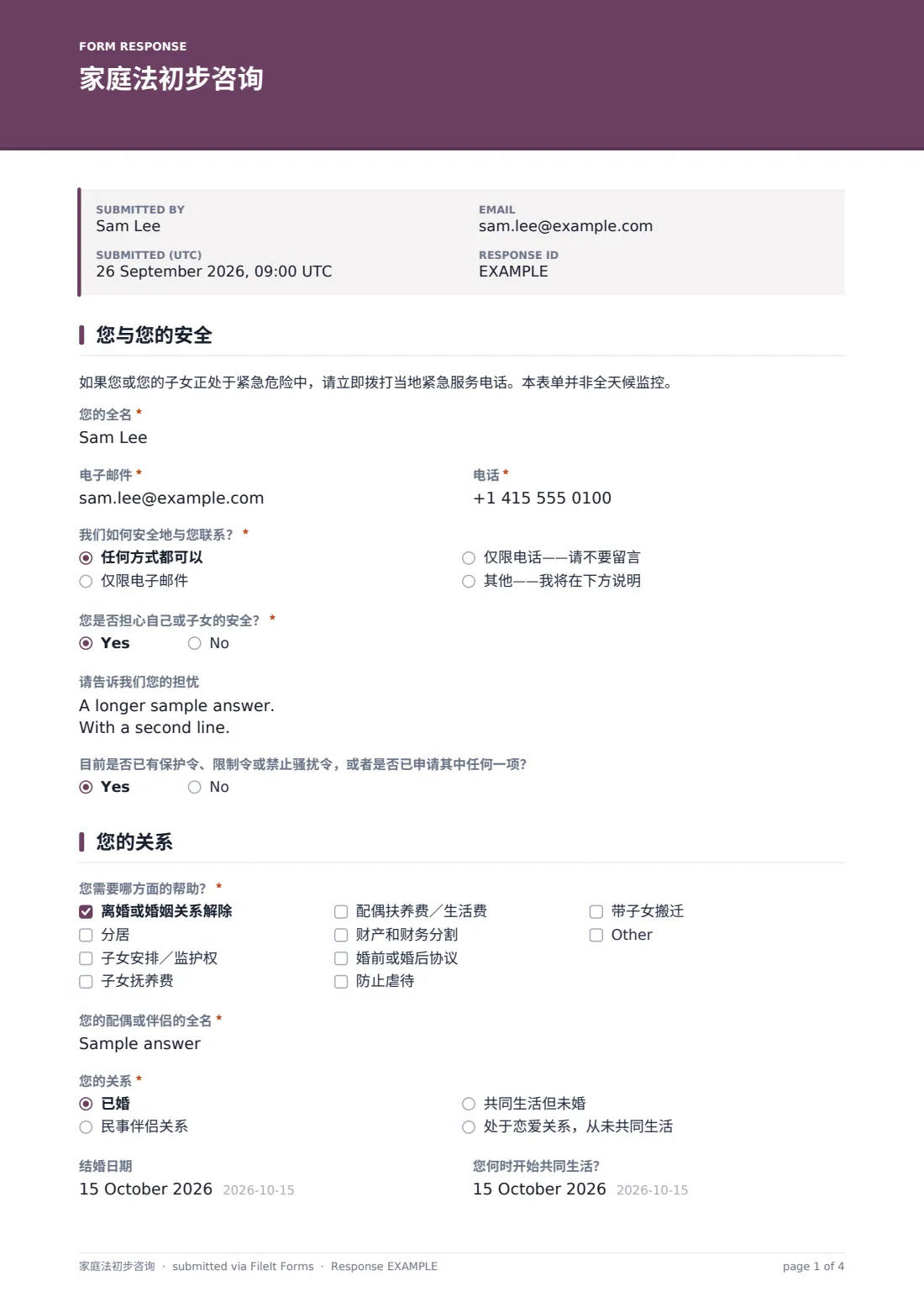 家庭法初步咨询 — 示例回复 PDF，第 1 页，共 4 页