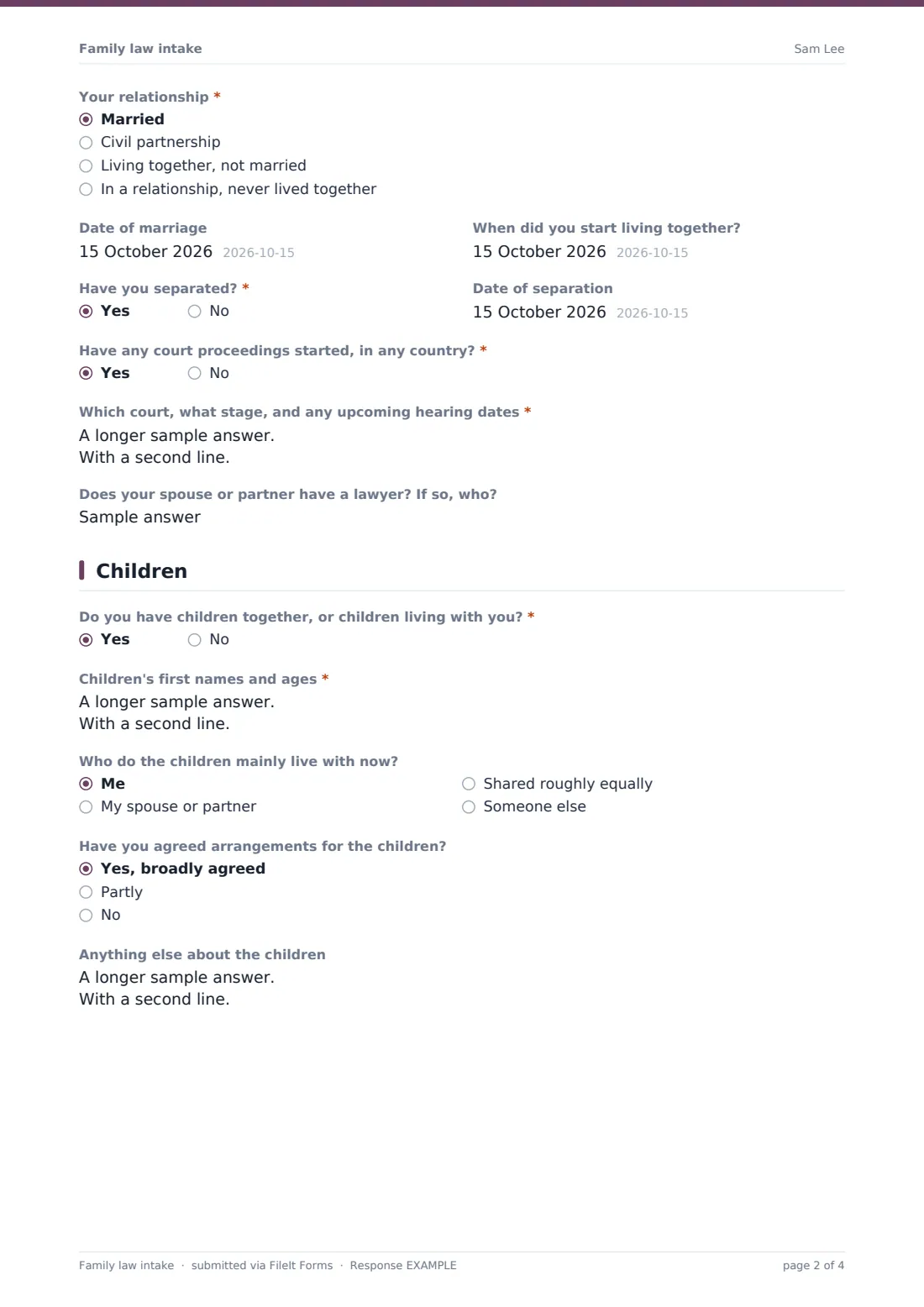 Family law intake — example response PDF, page 2 of 4