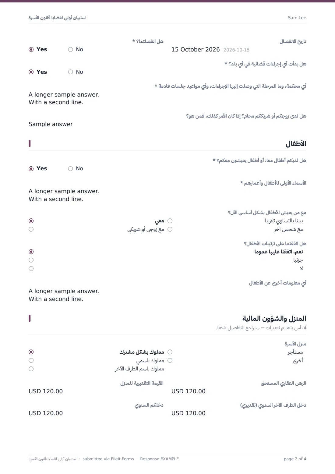 استبيان أولي لقضايا قانون الأسرة — ملف PDF لرد نموذجي، الصفحة 2 من 4