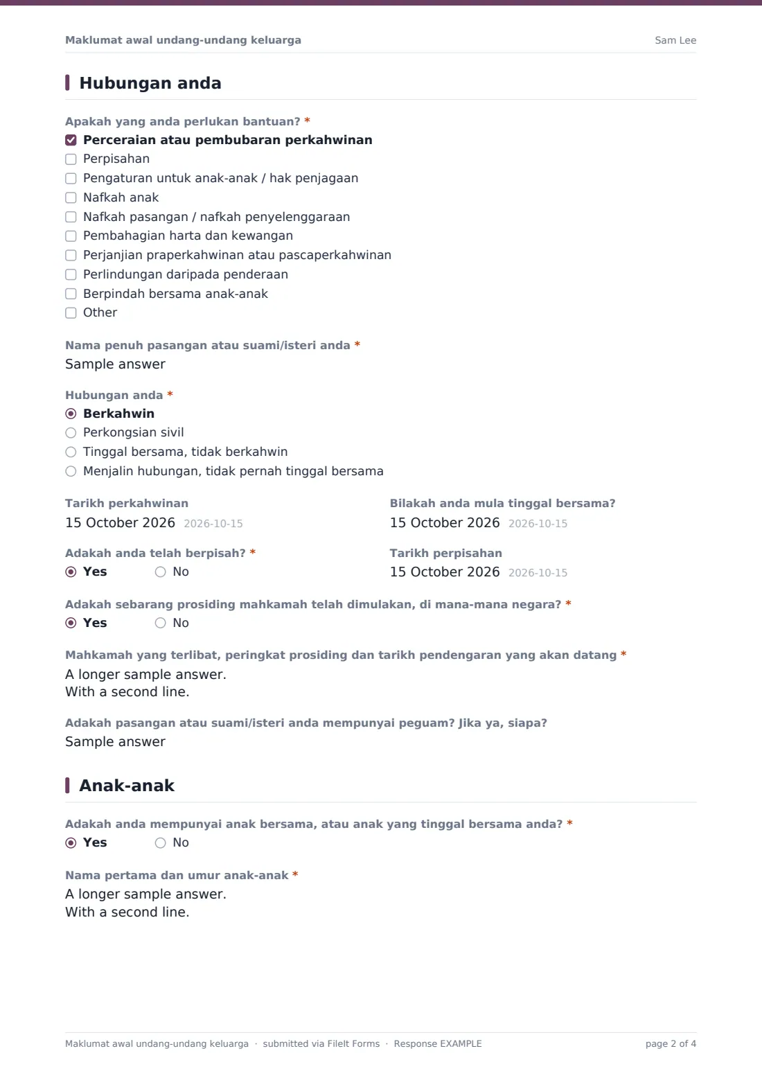 Maklumat awal undang-undang keluarga — PDF respons contoh, halaman 2 daripada 4