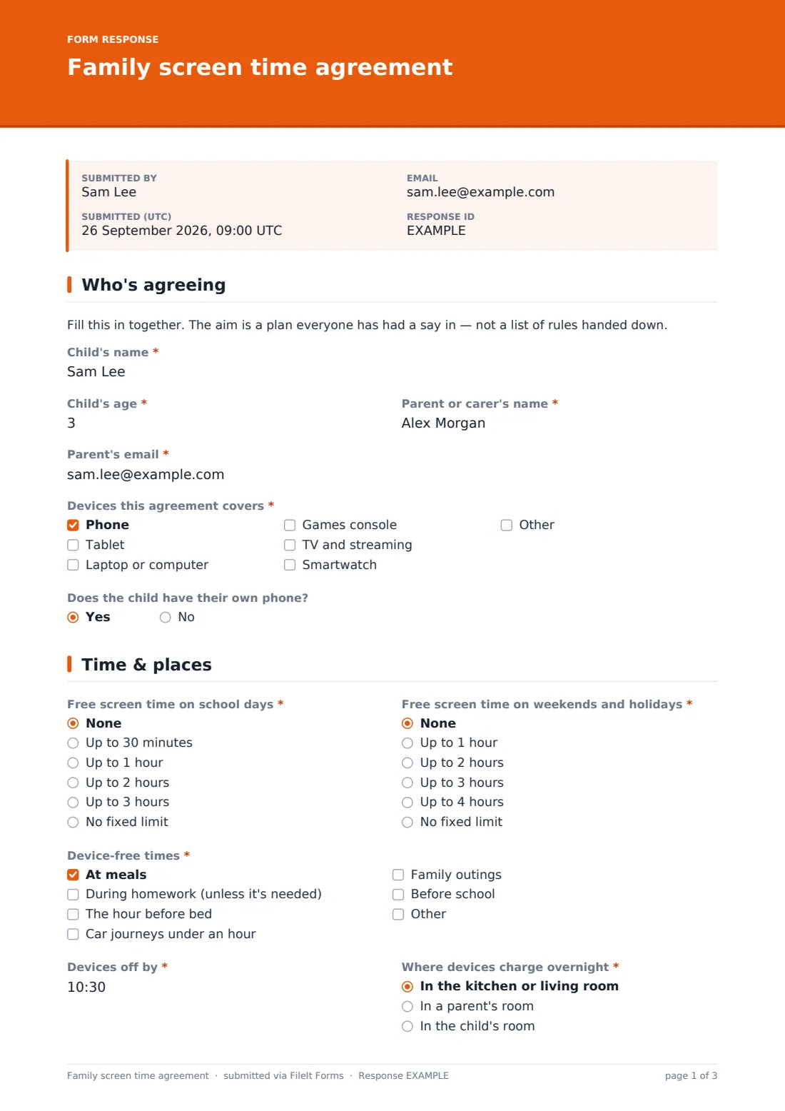 Family screen time agreement — example response PDF, page 1 of 3