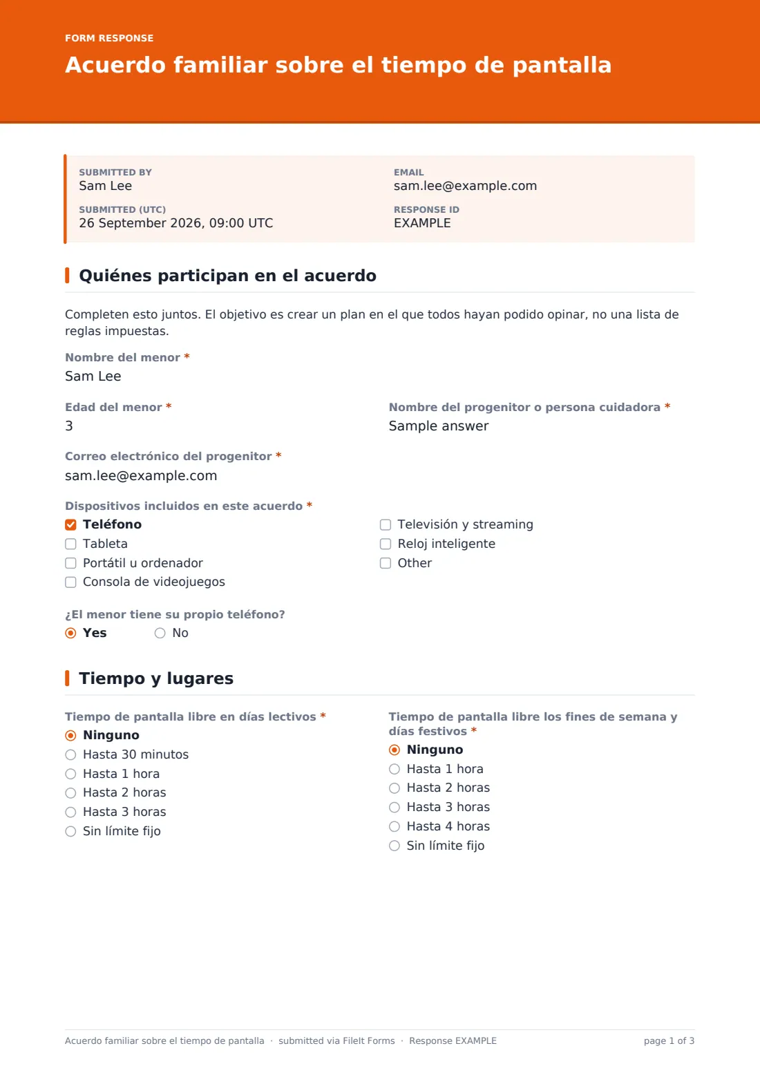 Acuerdo familiar sobre el tiempo de pantalla — PDF de respuesta de ejemplo, página 1 de 3