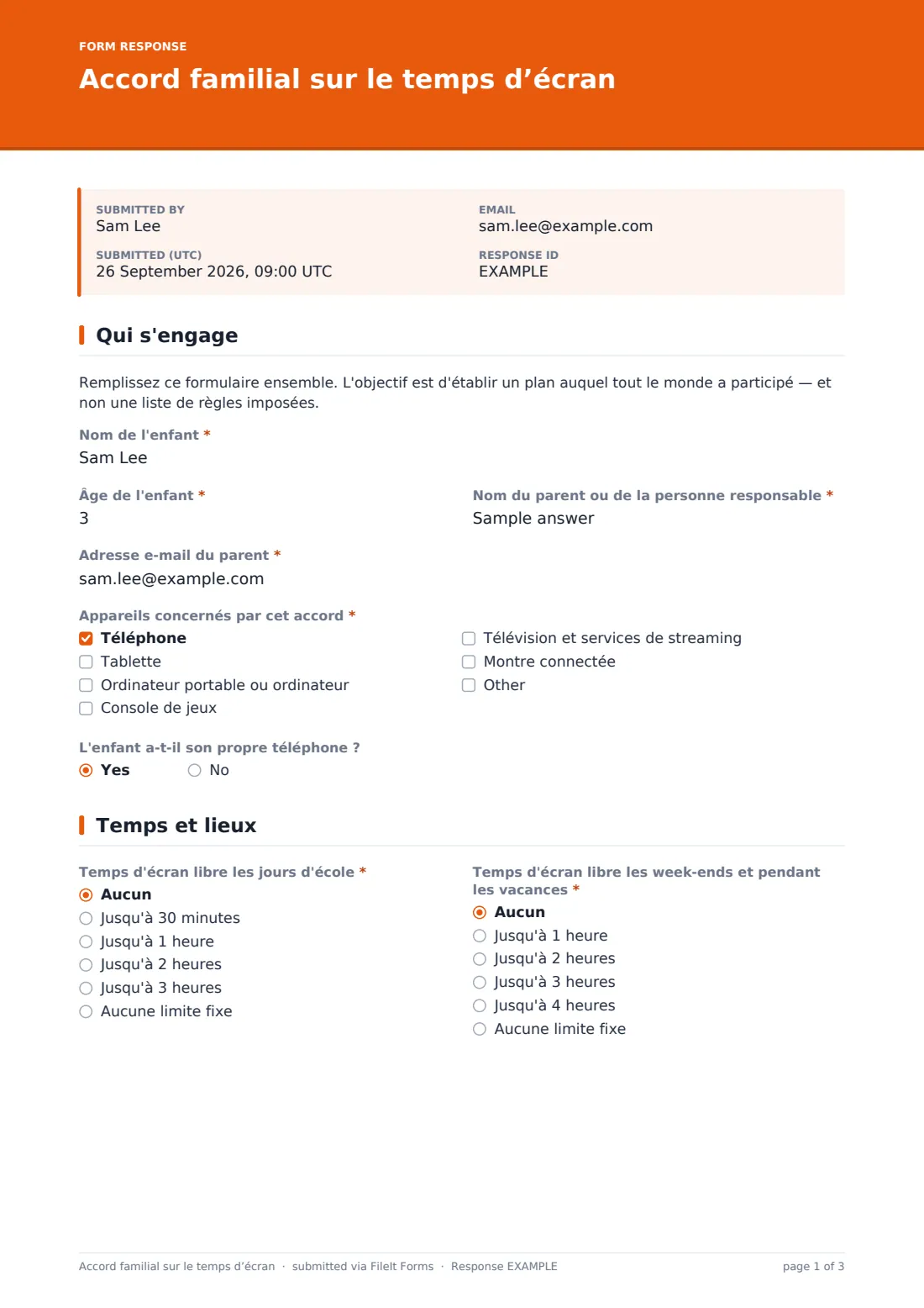 Accord familial sur le temps d’écran — exemple de réponse au format PDF, page 1 sur 3