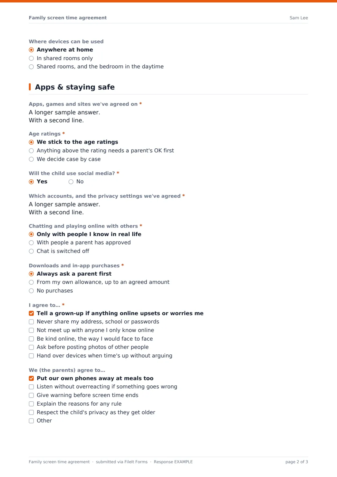 Family screen time agreement — example response PDF, page 2 of 3